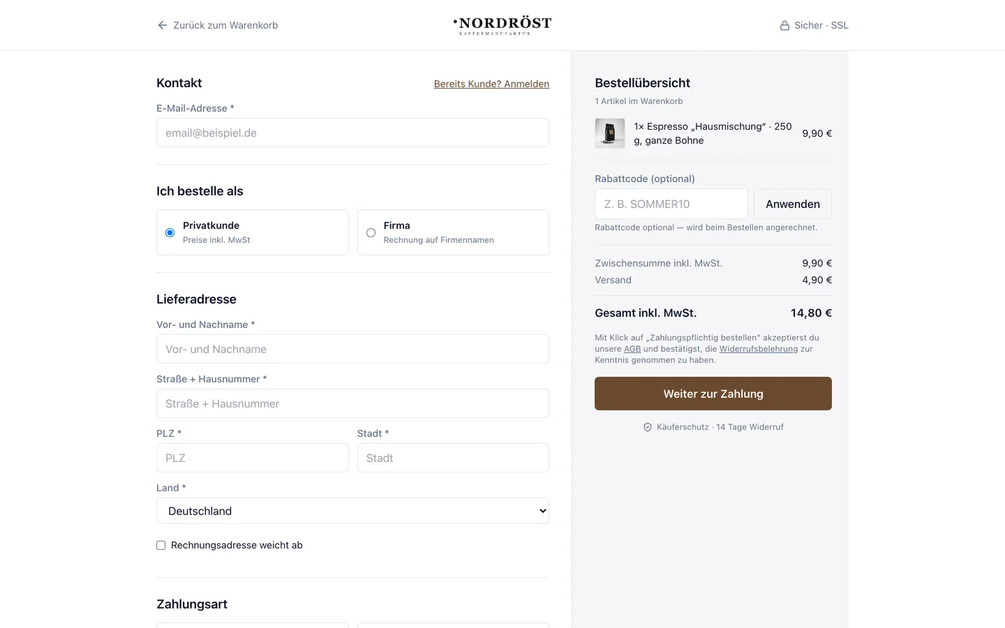 Der Checkout erledigt Steuer, Rechnung und Widerruf, Desktop-Ansicht