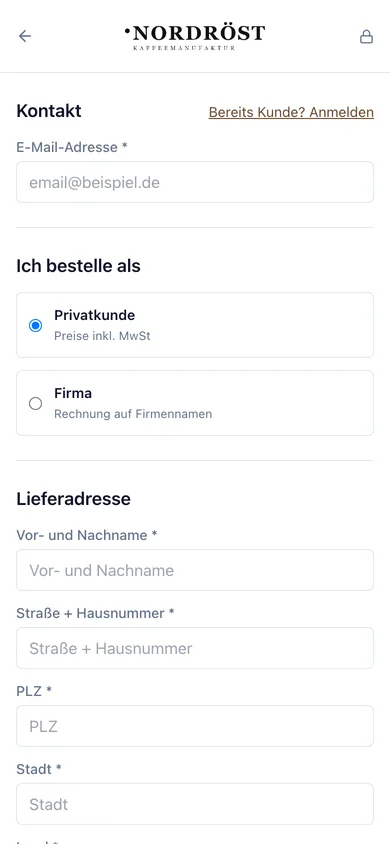 Der Checkout erledigt Steuer, Rechnung und Widerruf, mobile Ansicht