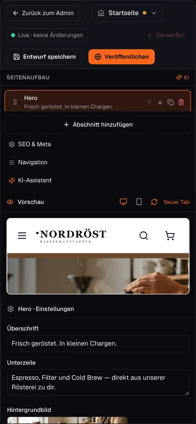 Im Editor änderst du deinen Shop selbst, mobile Ansicht