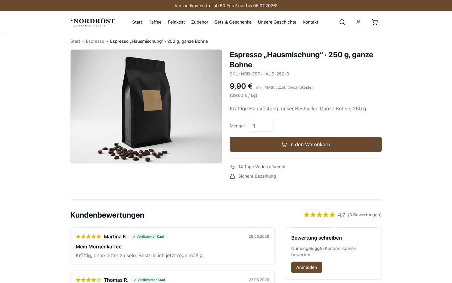 Die Produktseite verkauft mit Bild, Preis und Bewertungen, Desktop-Ansicht