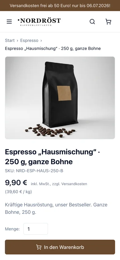 Die Produktseite verkauft mit Bild, Preis und Bewertungen, mobile Ansicht